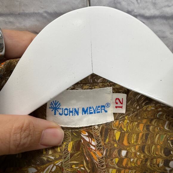 Vintage John Meyer Button Down Blouse Brown Paint Swirl Size S 70s Disco Scarf - Picture 3 of 6